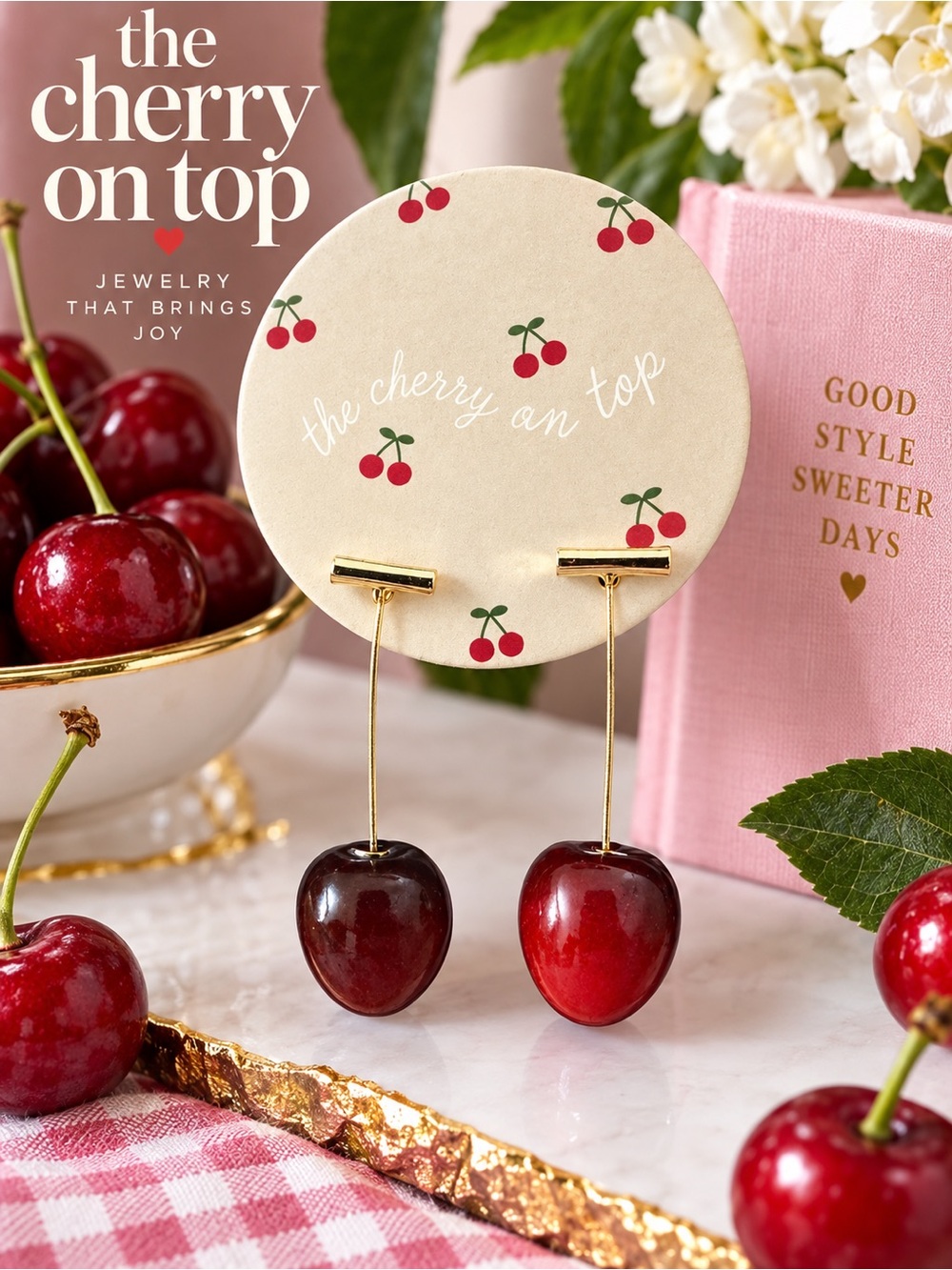 Cherry Dangle Earrings With Gold Wire NEW! The Cherry On Top Brand.